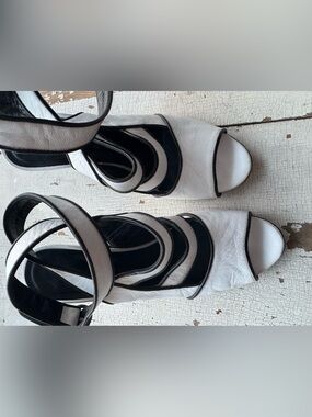 Women's White and Black Strappy Open-Toe Heels